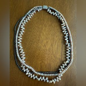 Mixed color and shape 3-strand black & champagne pearl necklace